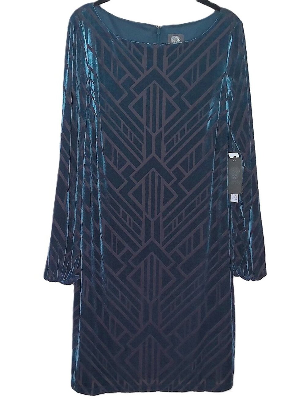 NWT Vince Camuto Burnout Dress Teal & Taupe Velvety Shimmer Knee Length Sz 14
